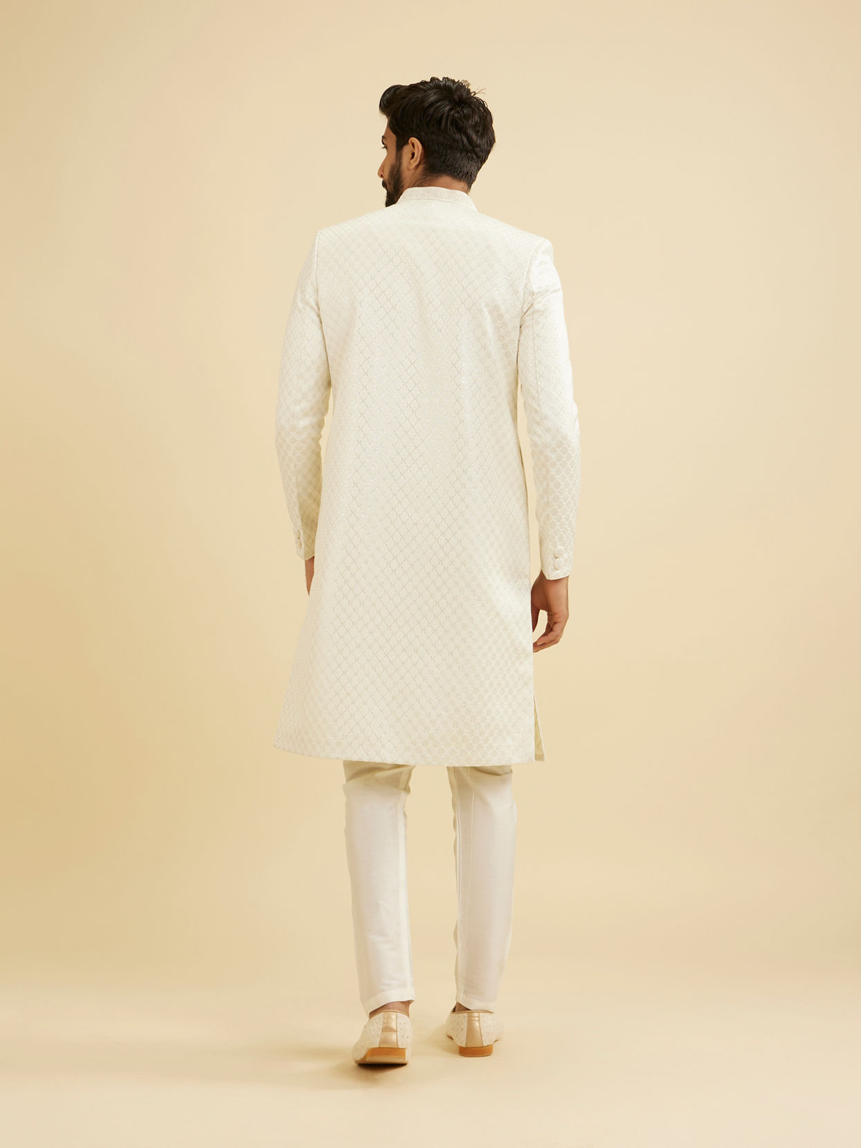 Manyavar Men Warm White Ogee Patterned Sherwani Set with Embellished Collar