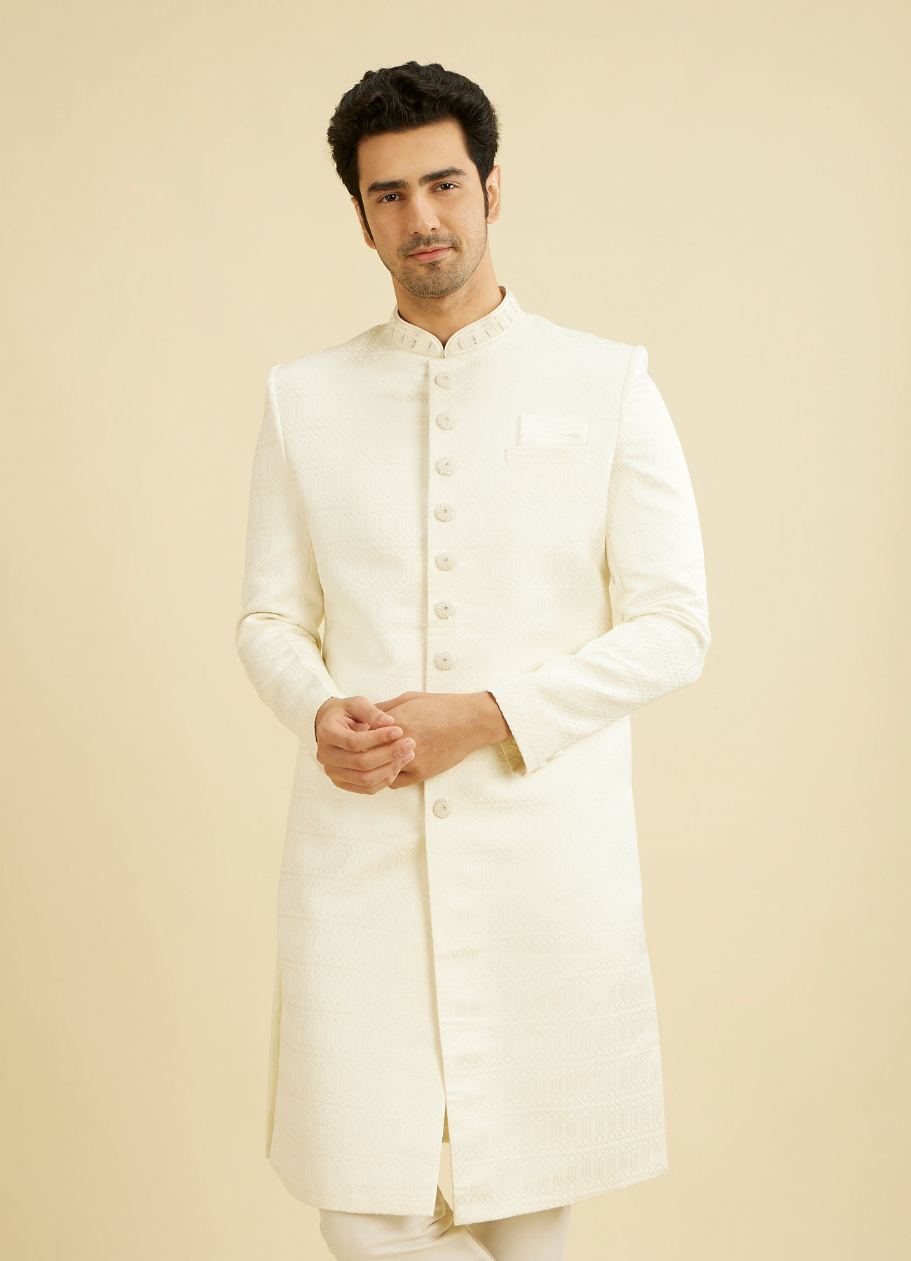 Manyavar Men Warm White Honeycomb & Leaf Patterned Sherwani Set