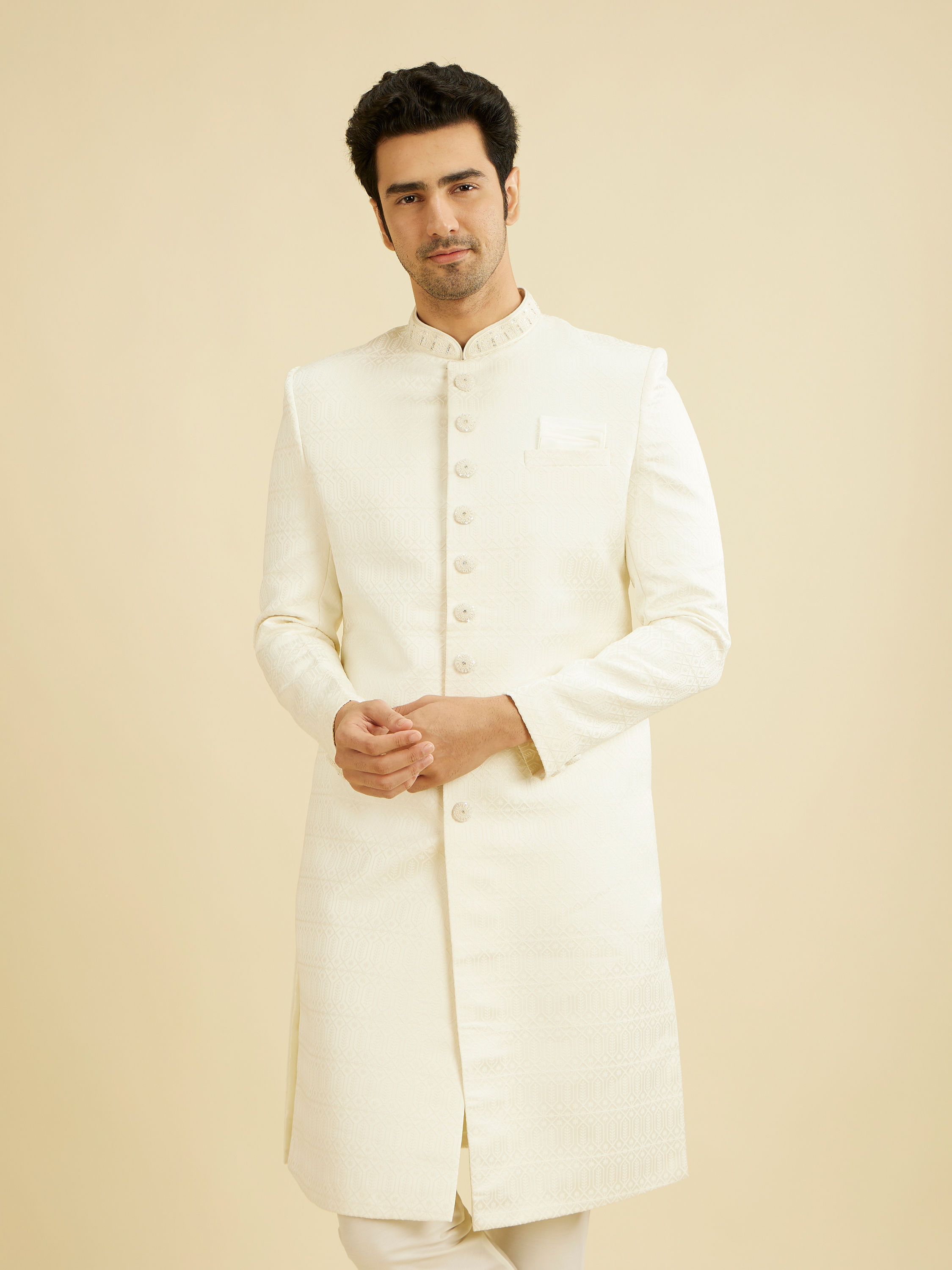 Manyavar Men Warm White Honeycomb & Leaf Patterned Sherwani Set