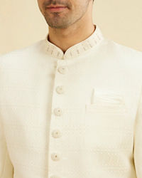 Manyavar Men Warm White Honeycomb & Leaf Patterned Sherwani Set