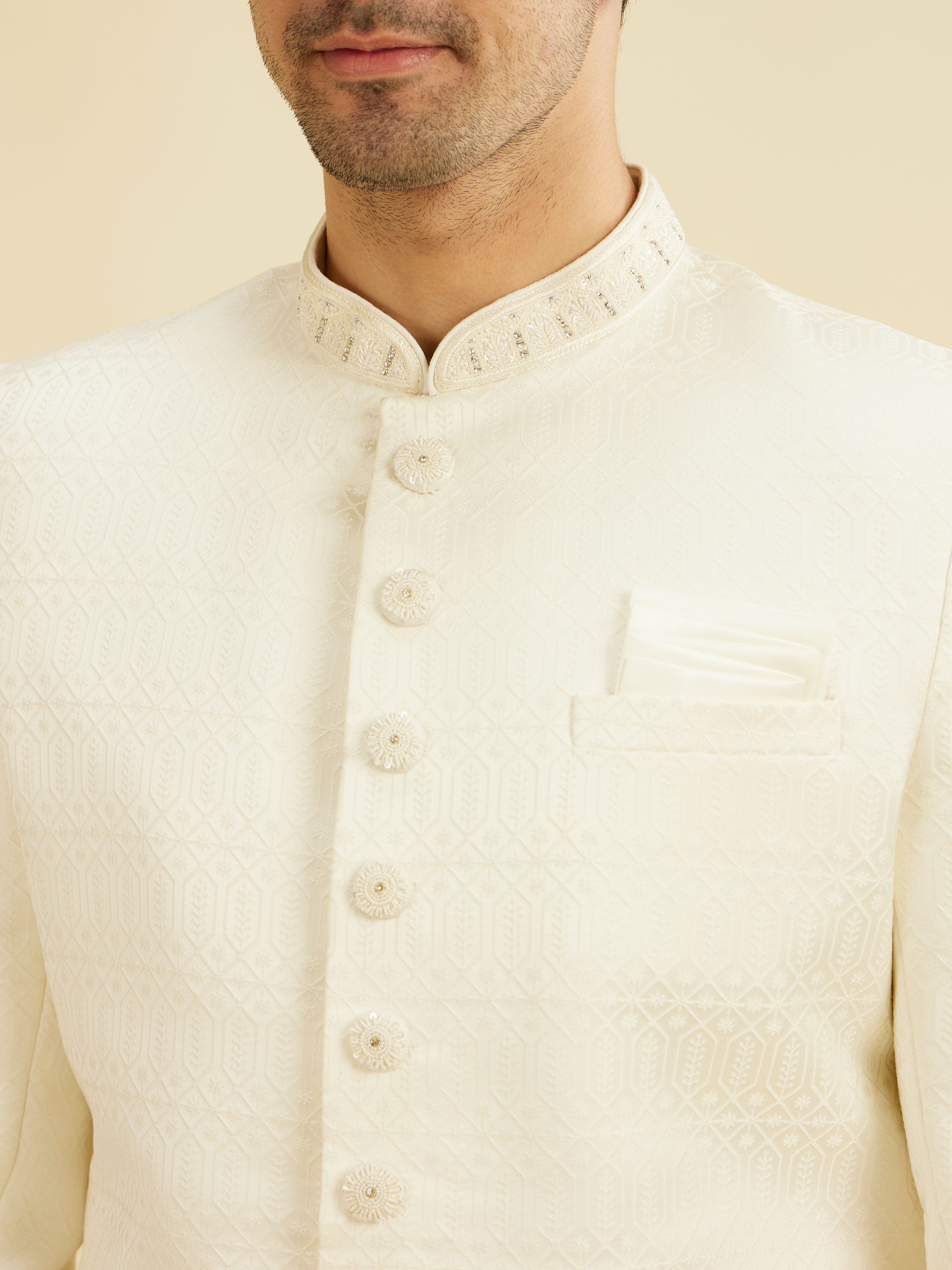 Manyavar Men Warm White Honeycomb & Leaf Patterned Sherwani Set