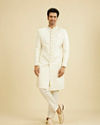 Manyavar Men Warm White Honeycomb & Leaf Patterned Sherwani Set