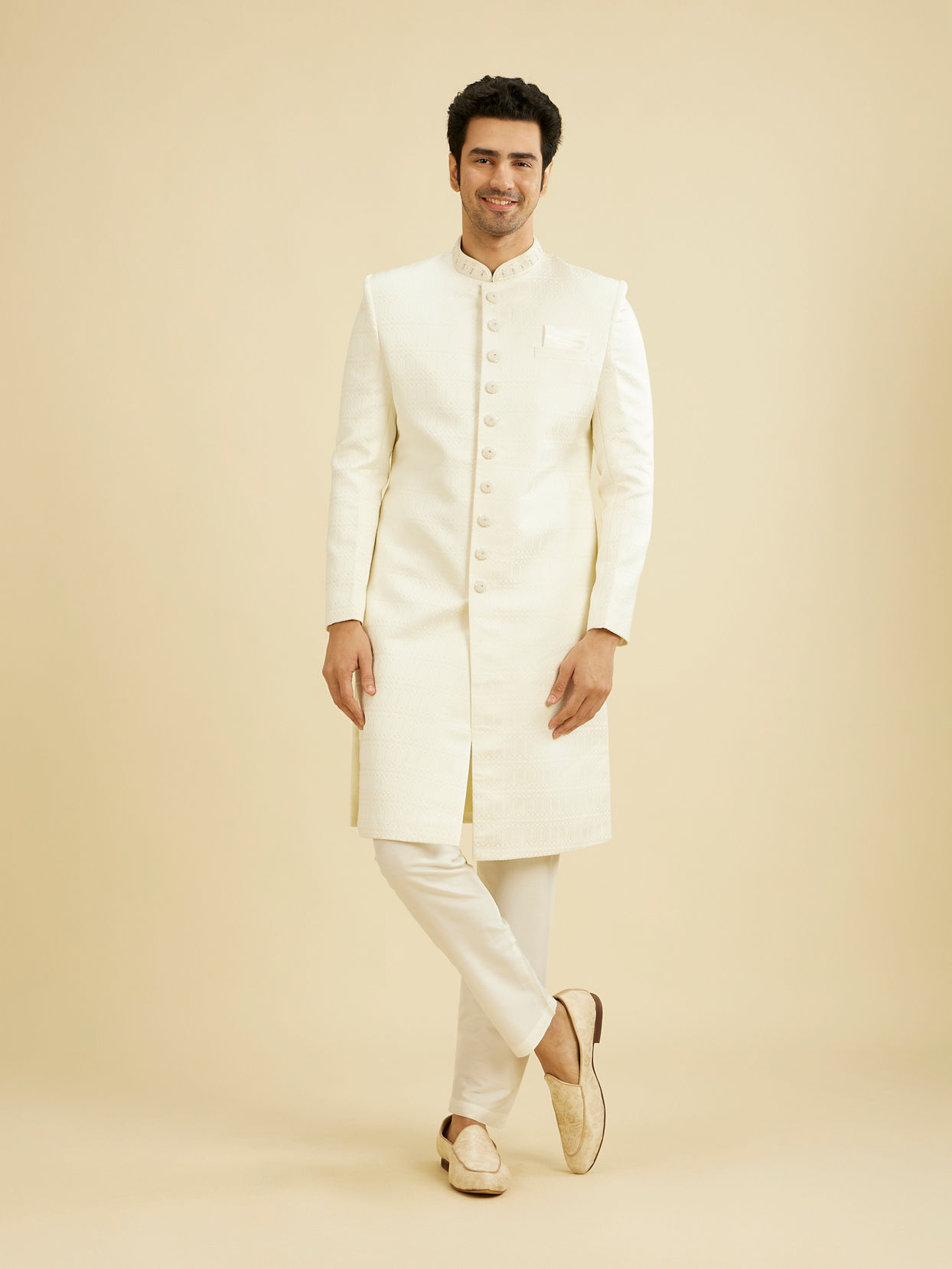 Manyavar Men Warm White Honeycomb & Leaf Patterned Sherwani Set