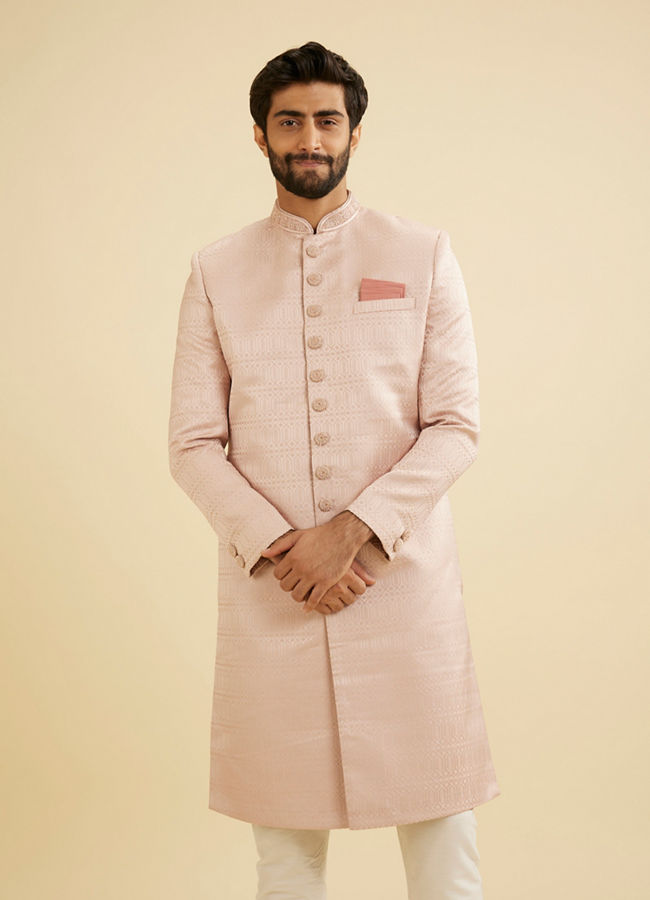 Manyavar Men Dusty Pink Honeycomb And Leaf Patterned Sherwani Set