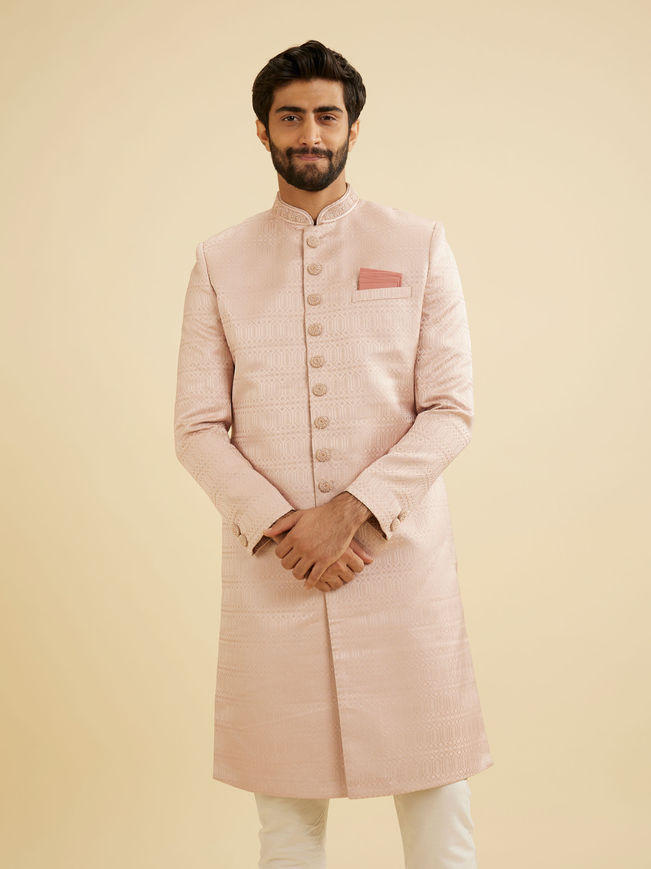 Manyavar Men Dusty Pink Honeycomb and Leaf Patterned Sherwani Set