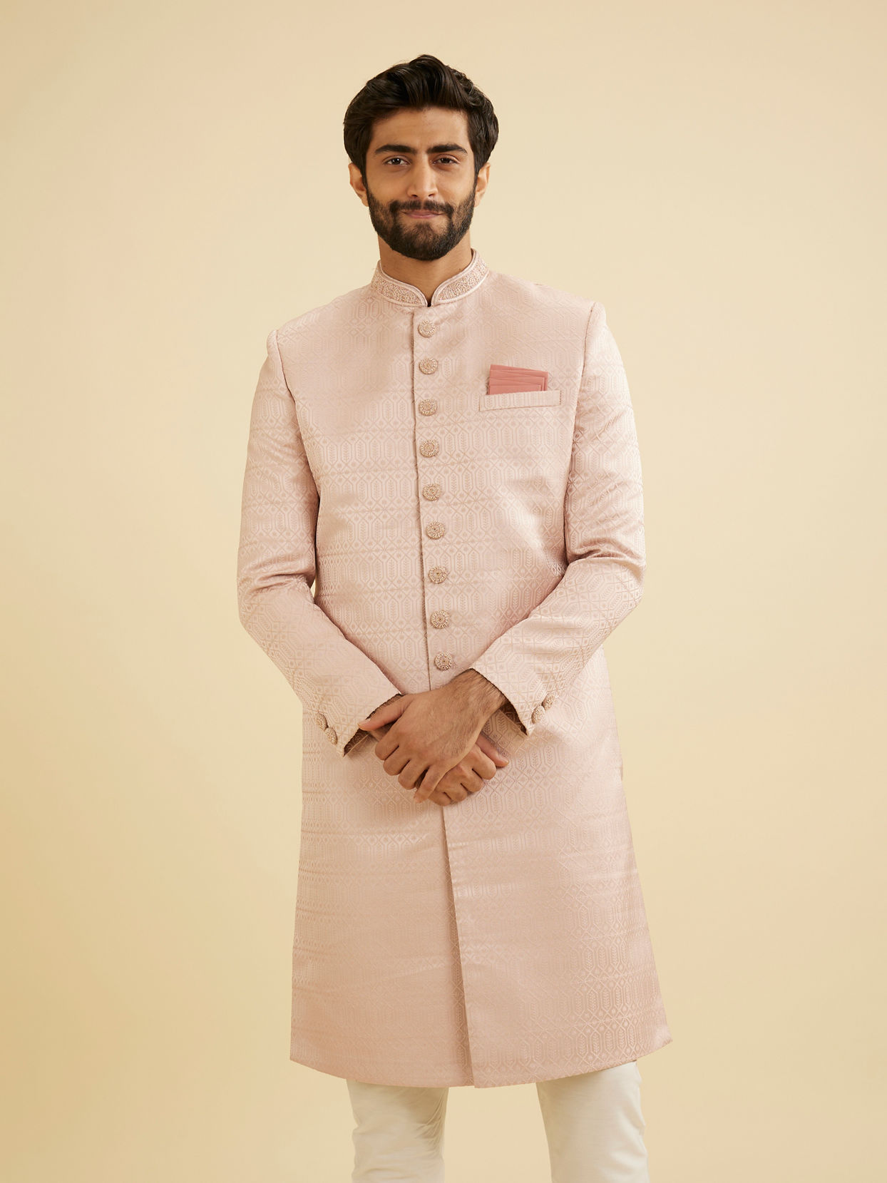 Manyavar Men Dusty Pink Honeycomb And Leaf Patterned Sherwani Set
