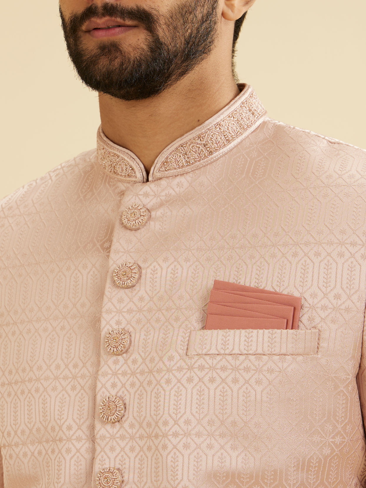 Manyavar Men Dusty Pink Honeycomb And Leaf Patterned Sherwani Set