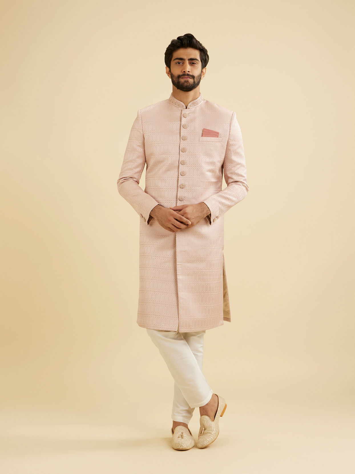 Manyavar Men Dusty Pink Honeycomb and Leaf Patterned Sherwani Set