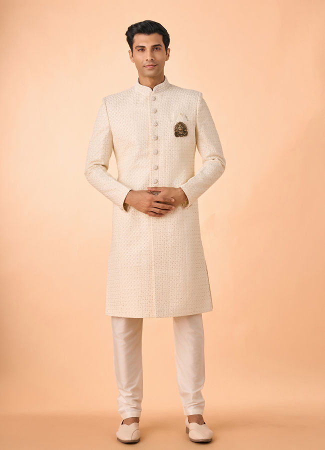 Manyavar Men Cream Georgette Sherwani
