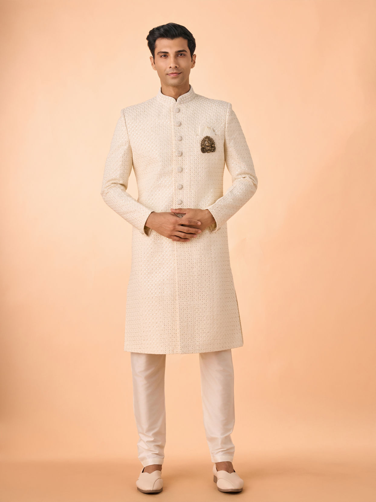 Manyavar Men Cream Georgette Sherwani