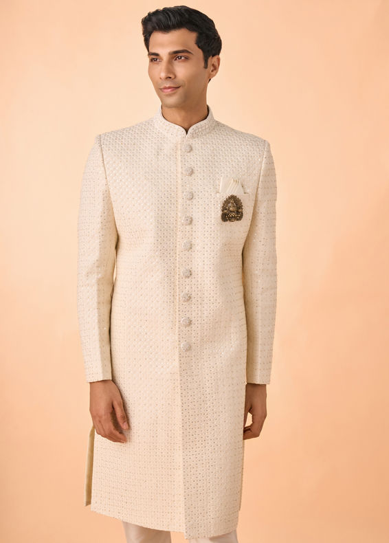 Manyavar Men Cream Georgette Sherwani