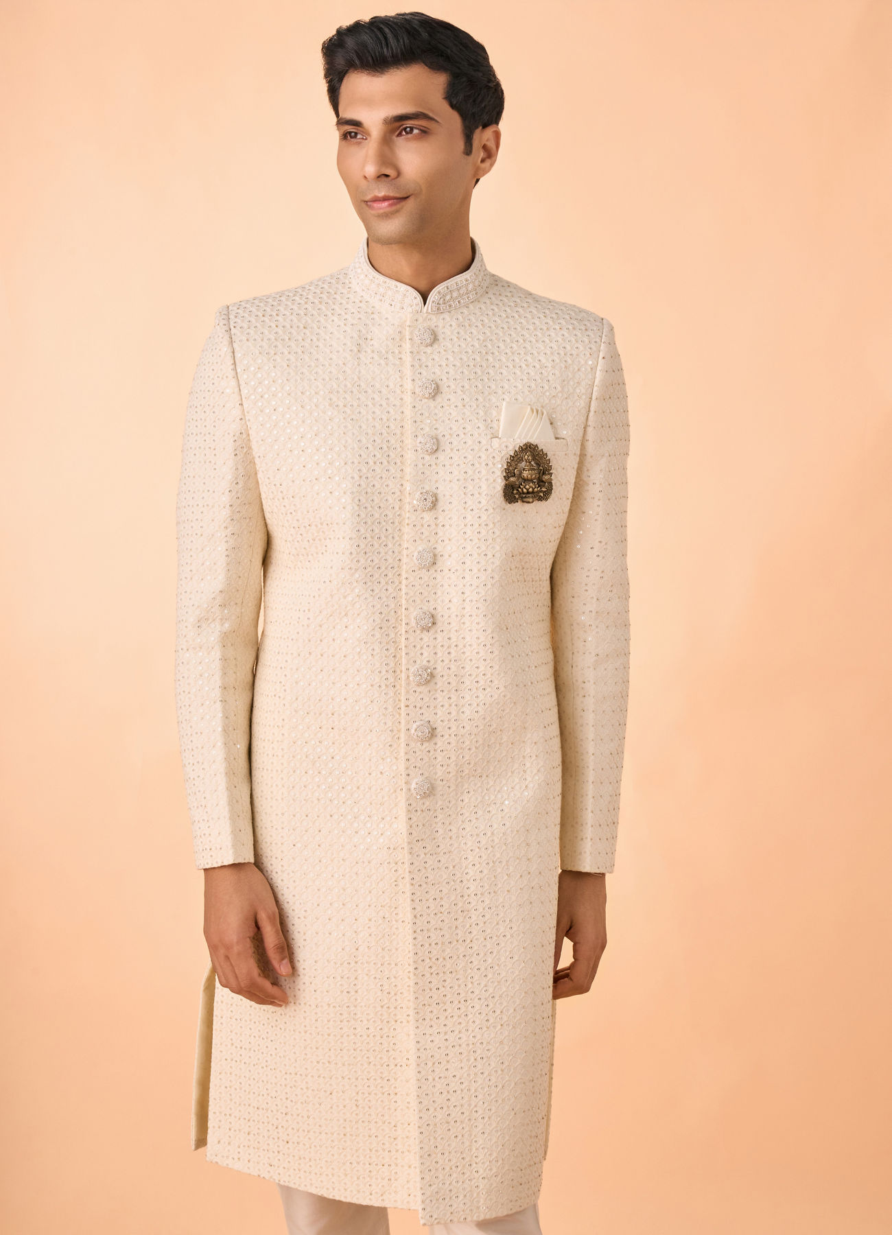 Manyavar Men Cream Georgette Sherwani