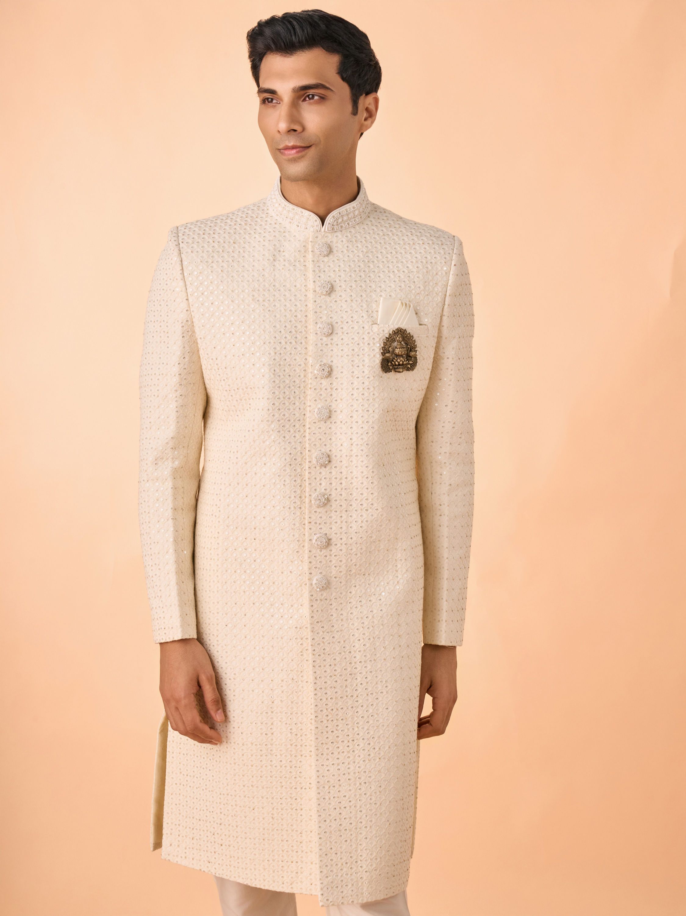 Manyavar Men Cream Georgette Sherwani