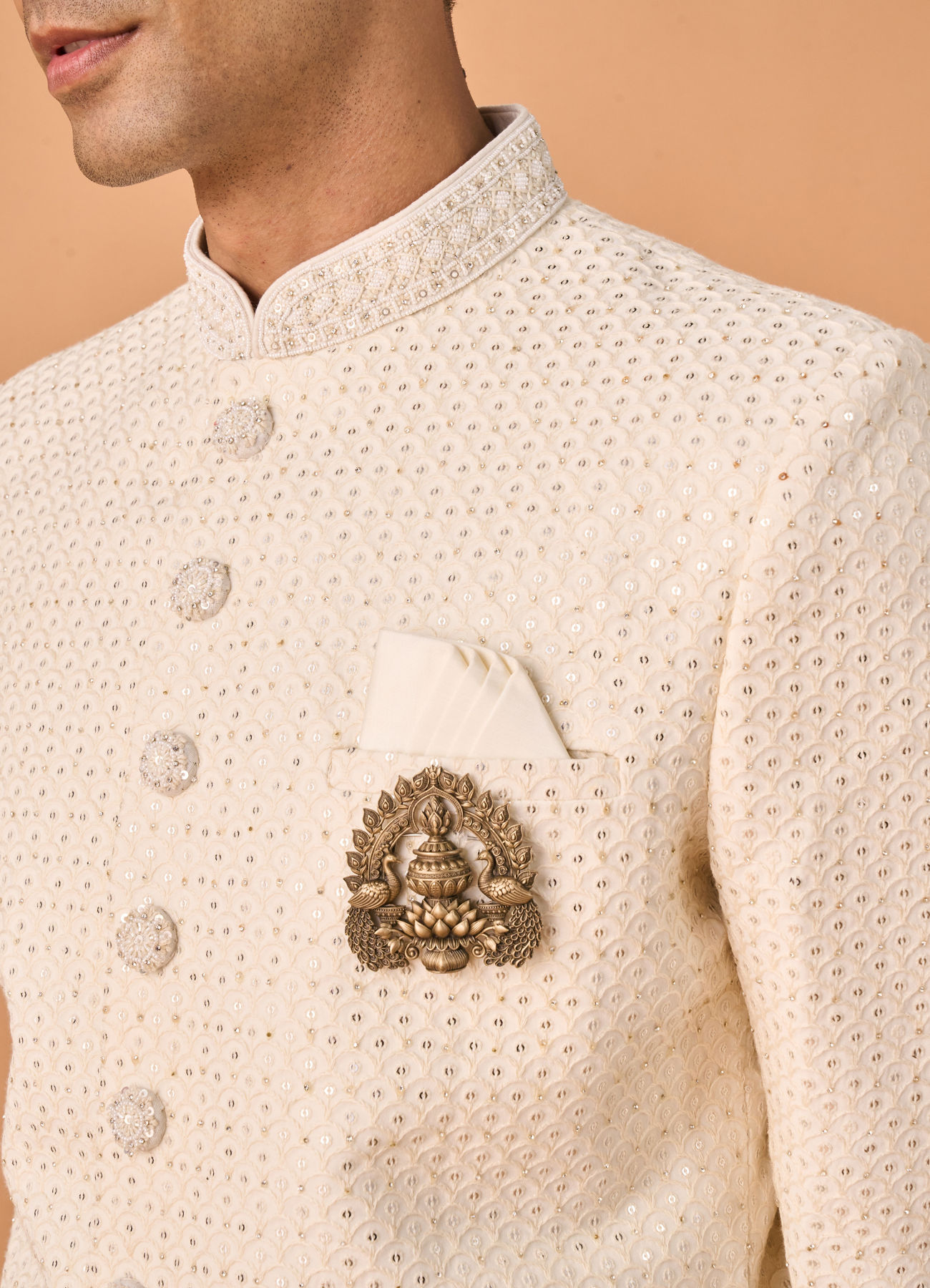 Manyavar Men Cream Georgette Sherwani
