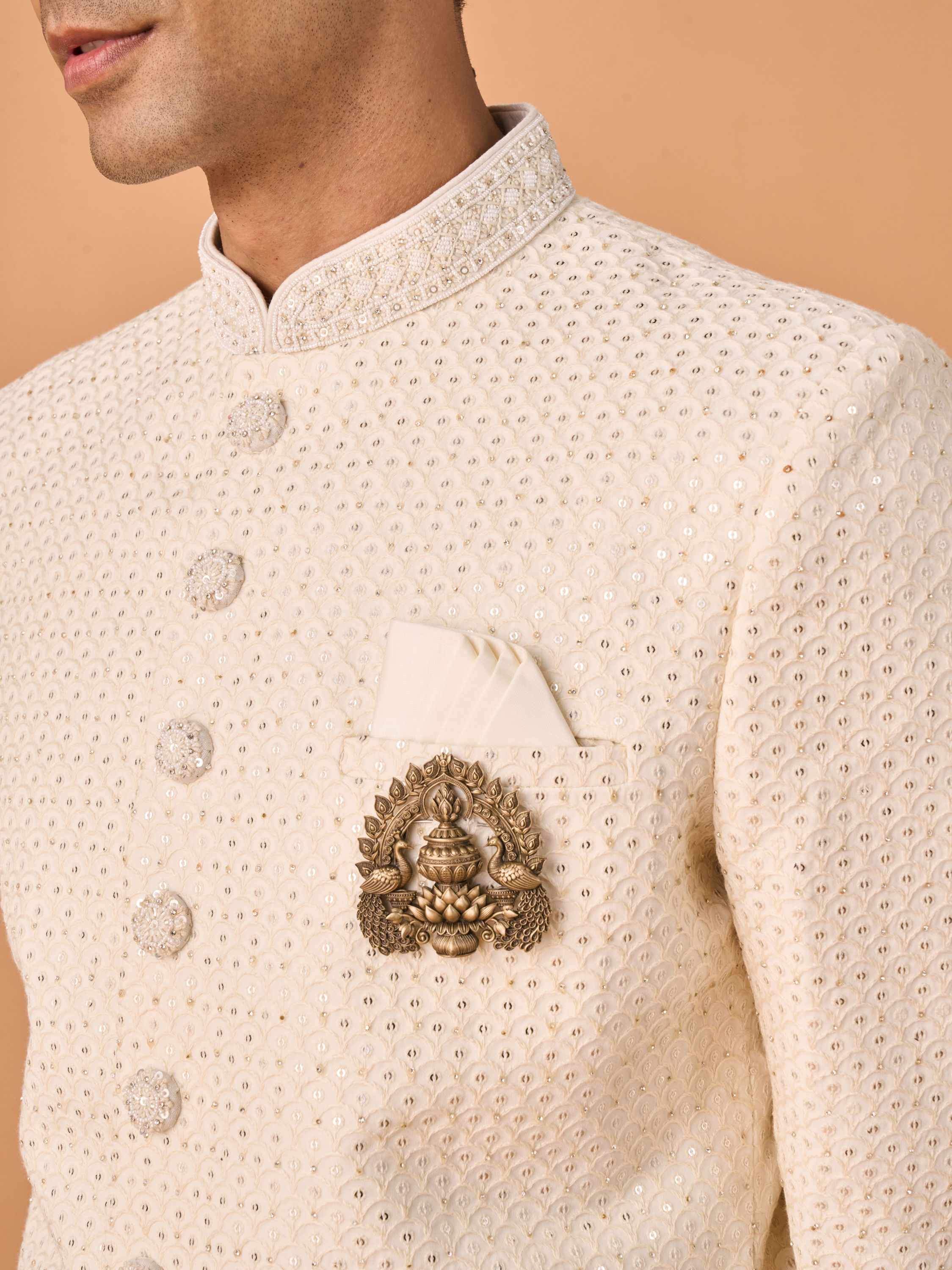 Manyavar Men Cream Georgette Sherwani