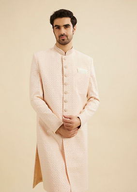 Manyavar Men Soft Peach Grid Patterned Sequin Sherwani Set