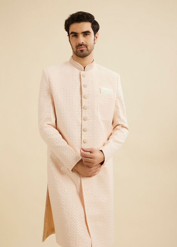 Manyavar Men Soft Peach Grid Patterned Sequin Sherwani Set