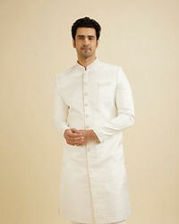 Manyavar Men Warm White Ogee Patterned Sherwani Set with Sequin Work