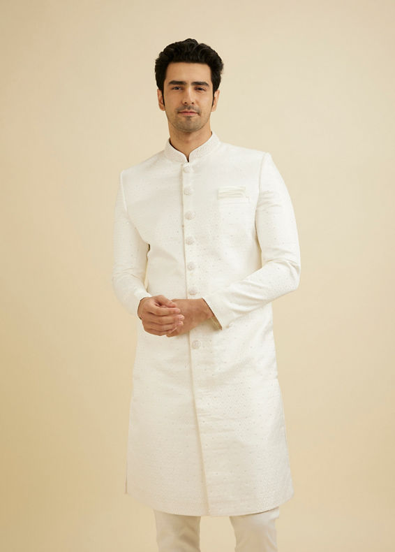 Manyavar Men Warm White Ogee Patterned Sherwani Set with Sequin Work