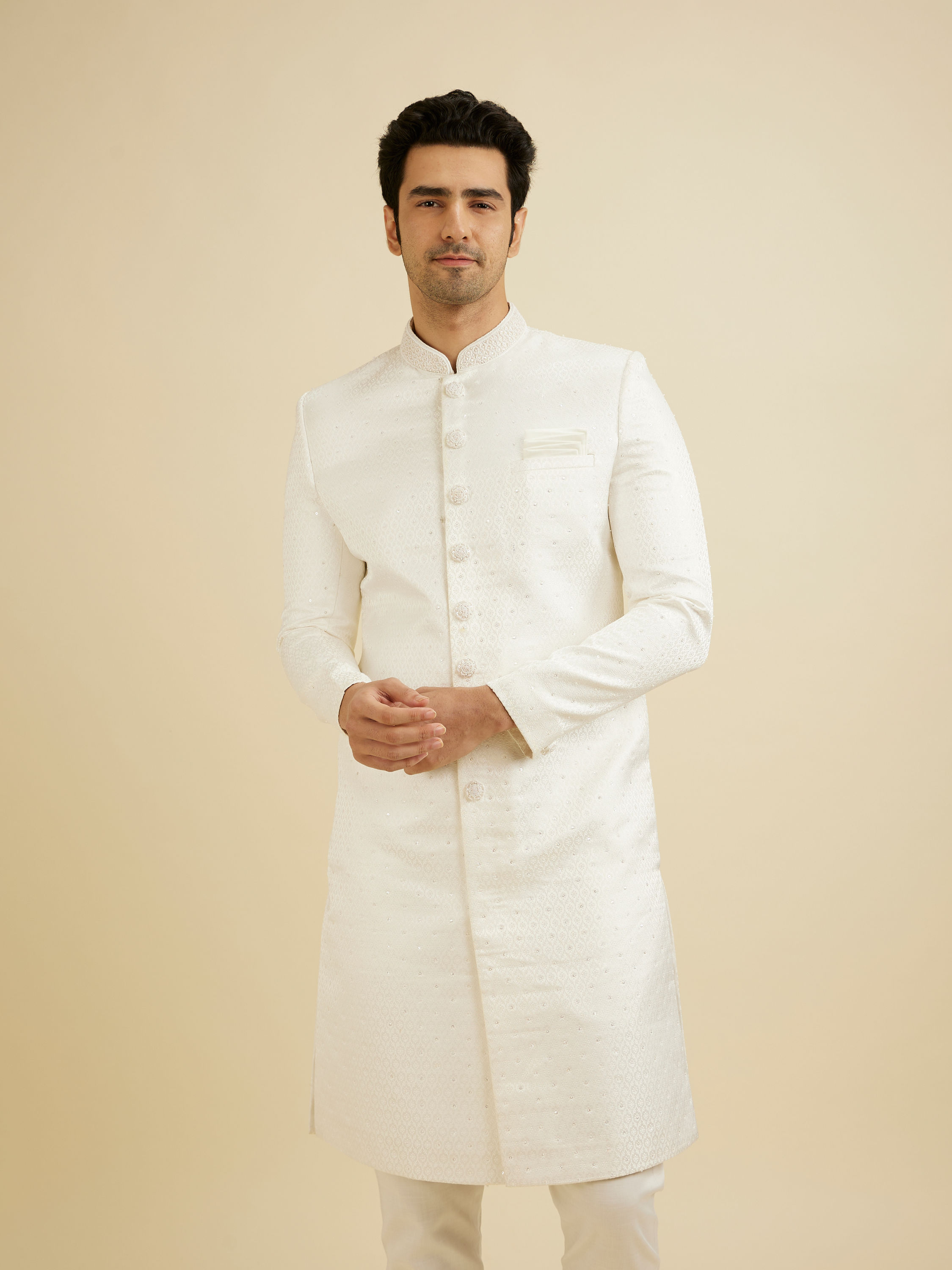 Manyavar Men Warm White Ogee Patterned Sherwani Set with Sequin Work