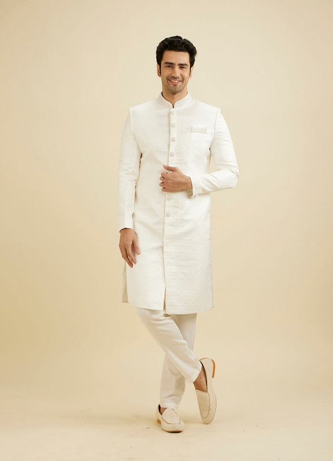 Manyavar Men Warm White Ogee Patterned Sherwani Set with Sequin Work