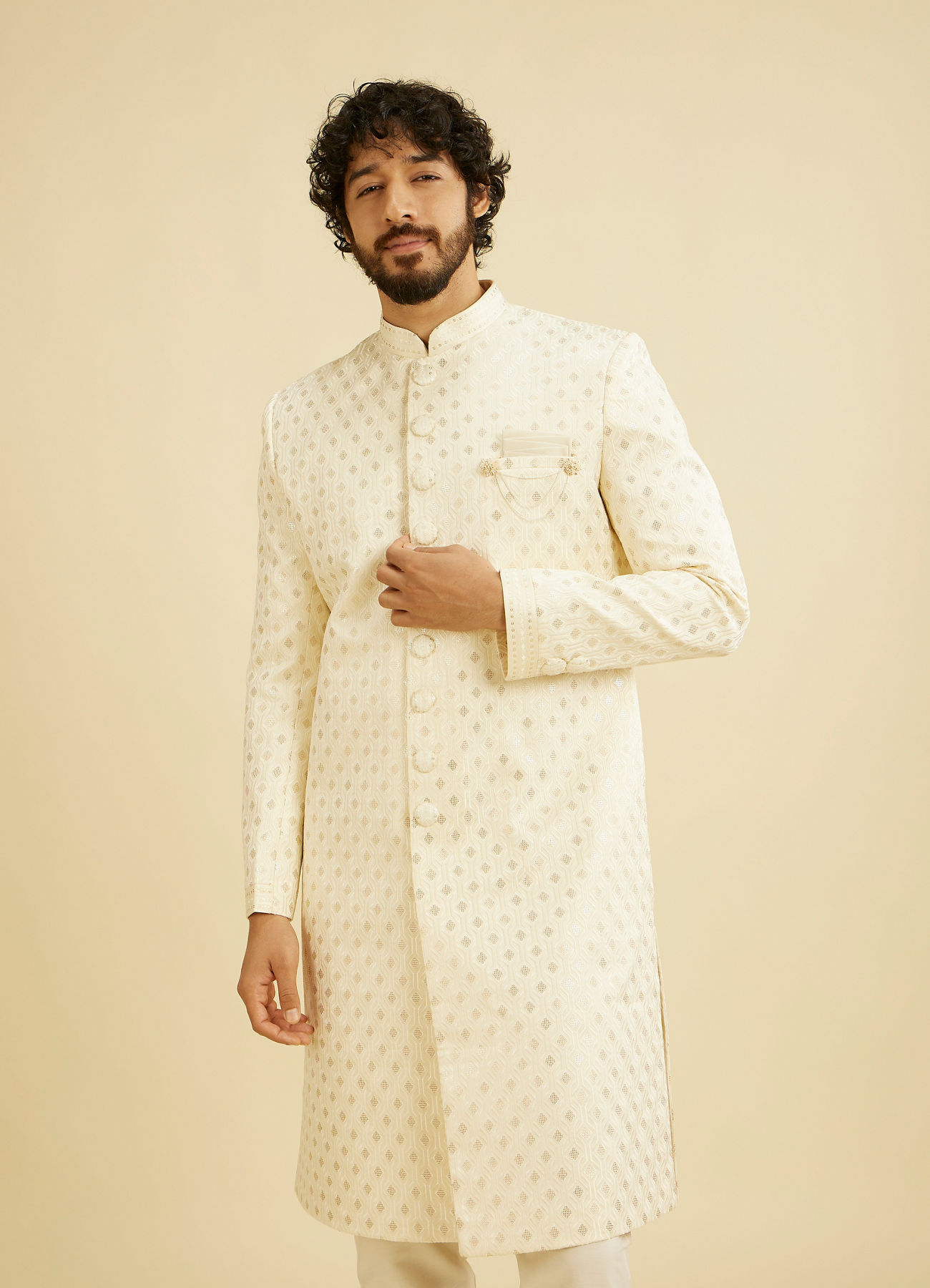 Manyavar Men Cream White Buta Patterned Sherwani Set