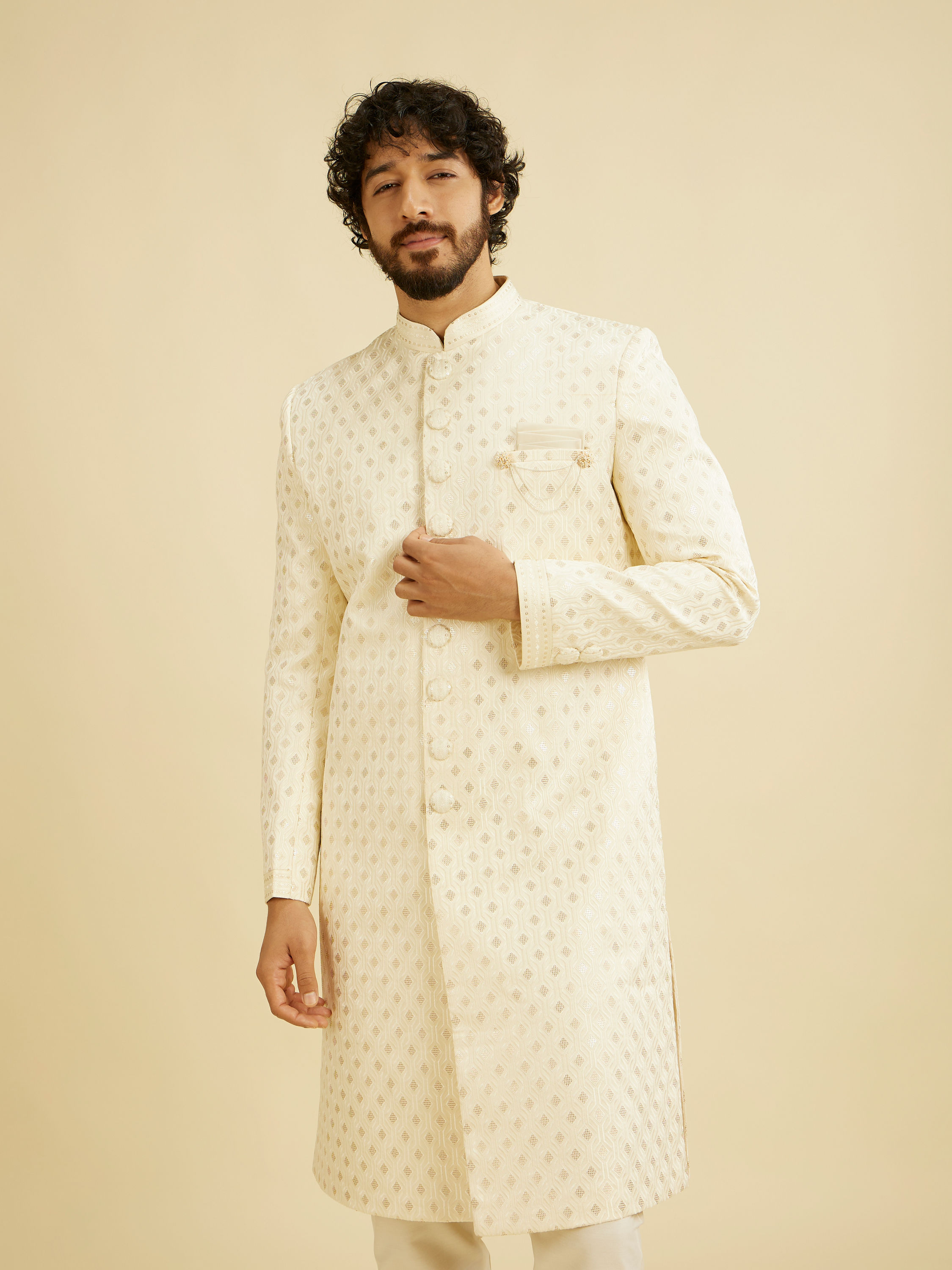 Manyavar Men Cream White Buta Patterned Sherwani Set