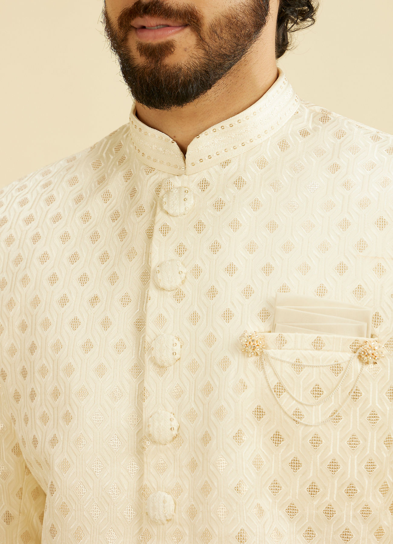 Manyavar Men Cream White Buta Patterned Sherwani Set