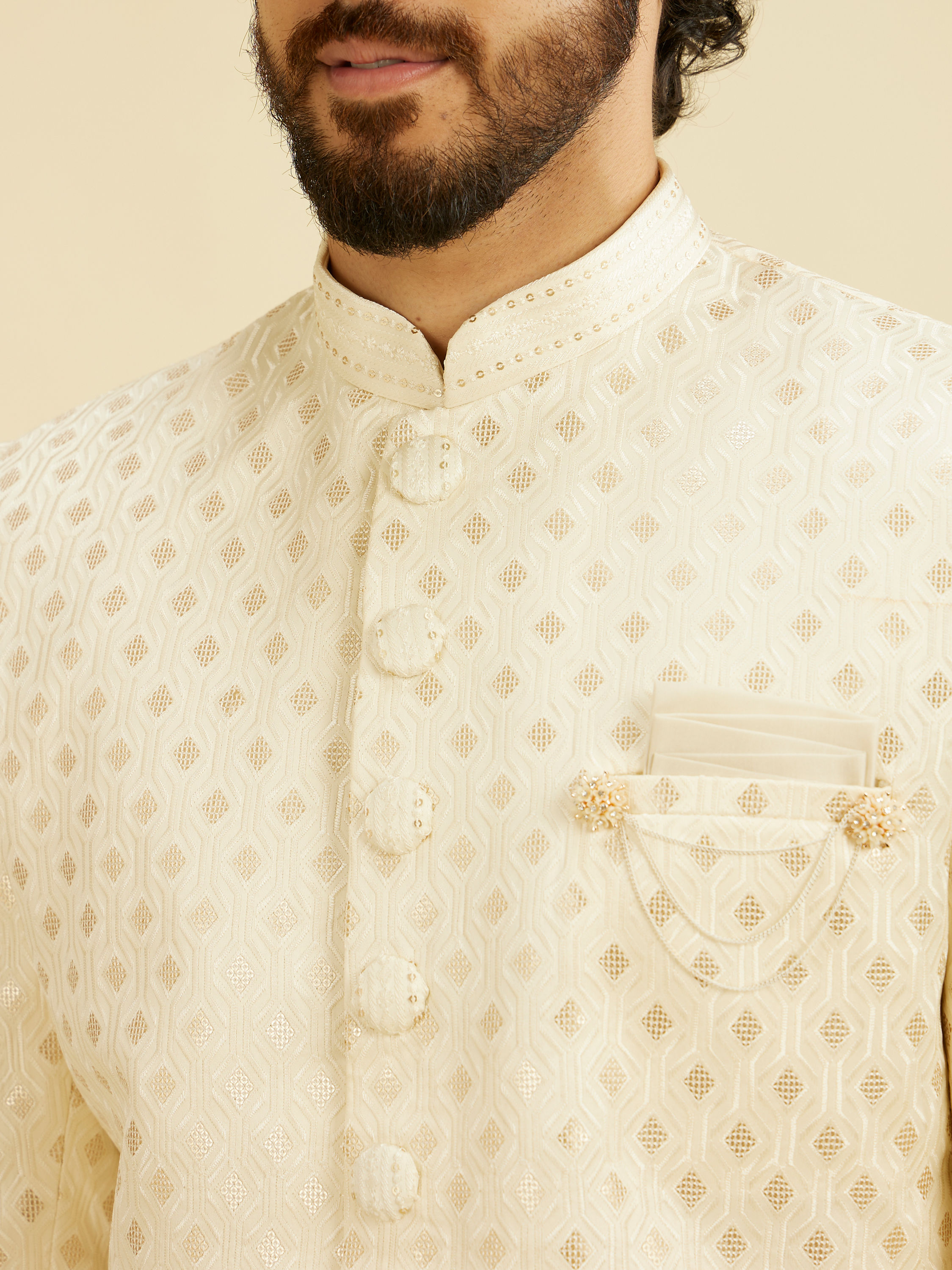 Manyavar Men Cream White Buta Patterned Sherwani Set