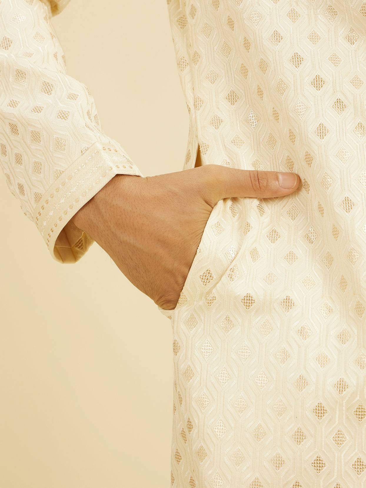 Manyavar Men Cream White Buta Patterned Sherwani Set