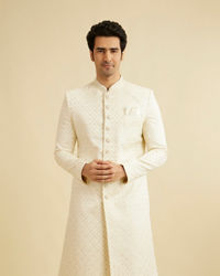 Manyavar Men Cream White Buta & Trellis Patterned Sherwani Set