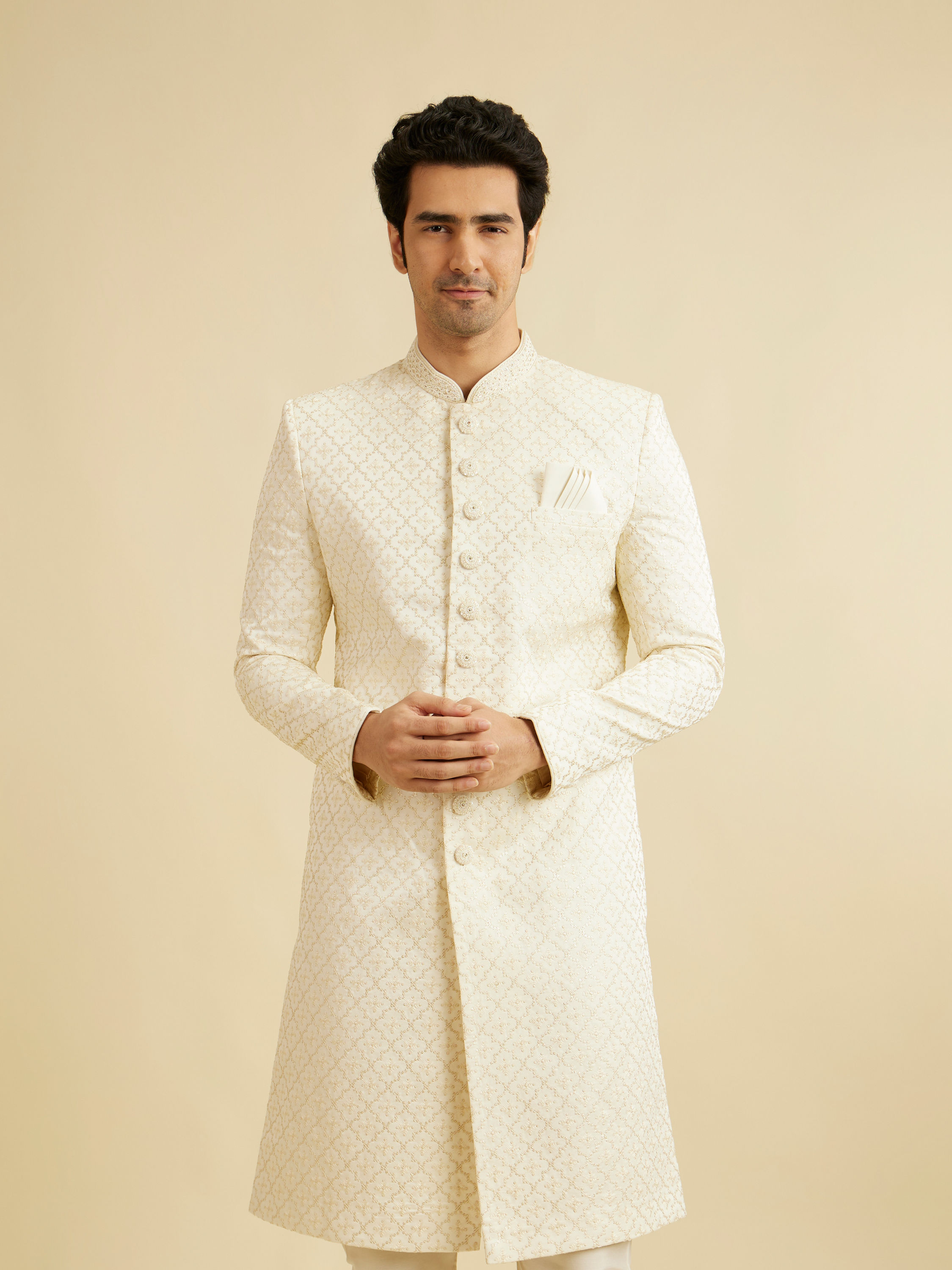 Manyavar Men Cream White Buta & Trellis Patterned Sherwani Set