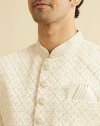 Manyavar Men Cream White Buta & Trellis Patterned Sherwani Set