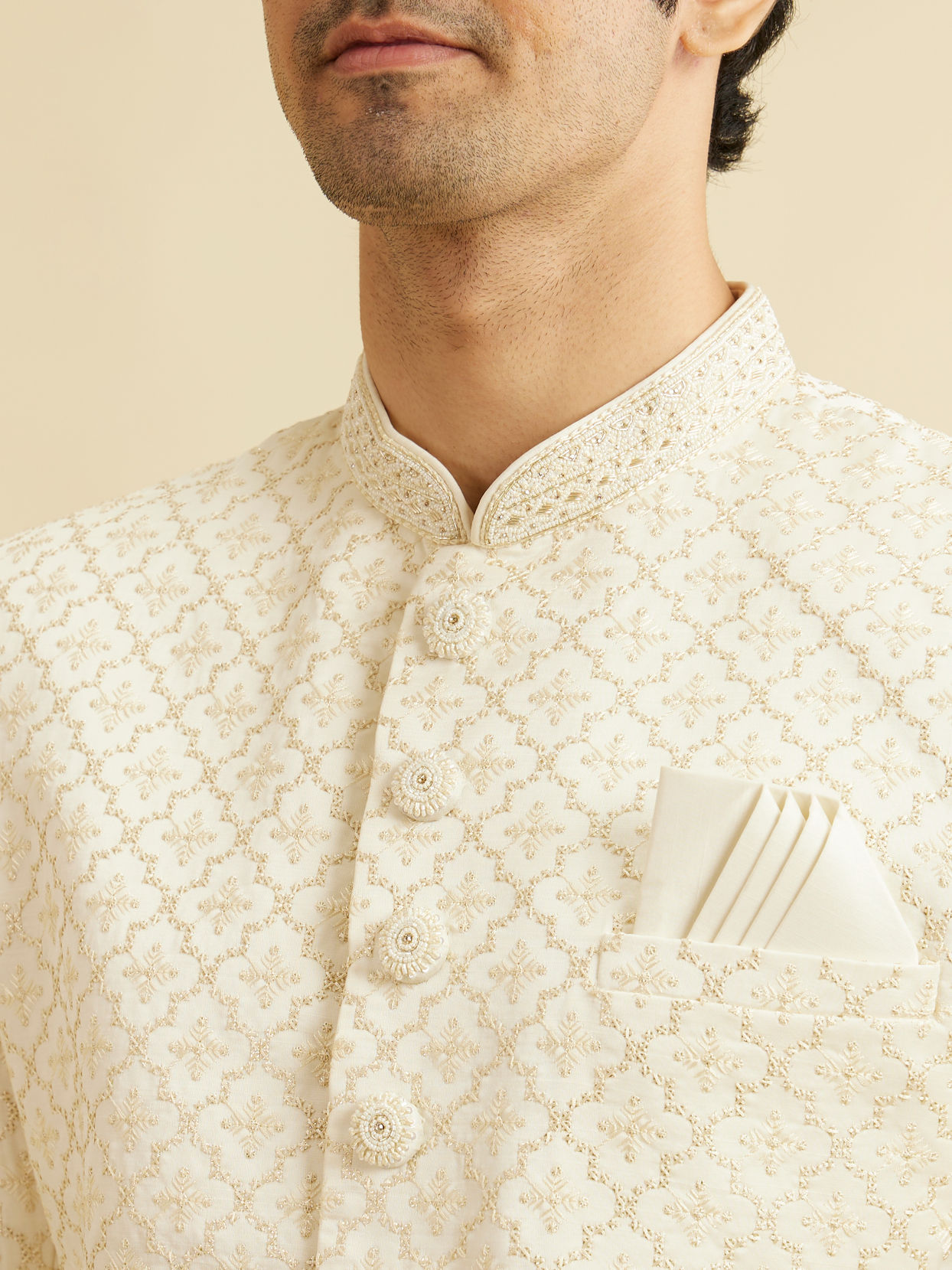 Manyavar Men Cream White Buta & Trellis Patterned Sherwani Set