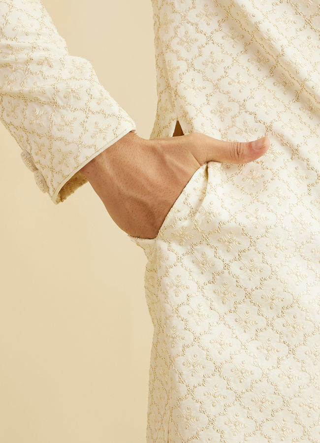Manyavar Men Cream White Buta & Trellis Patterned Sherwani Set