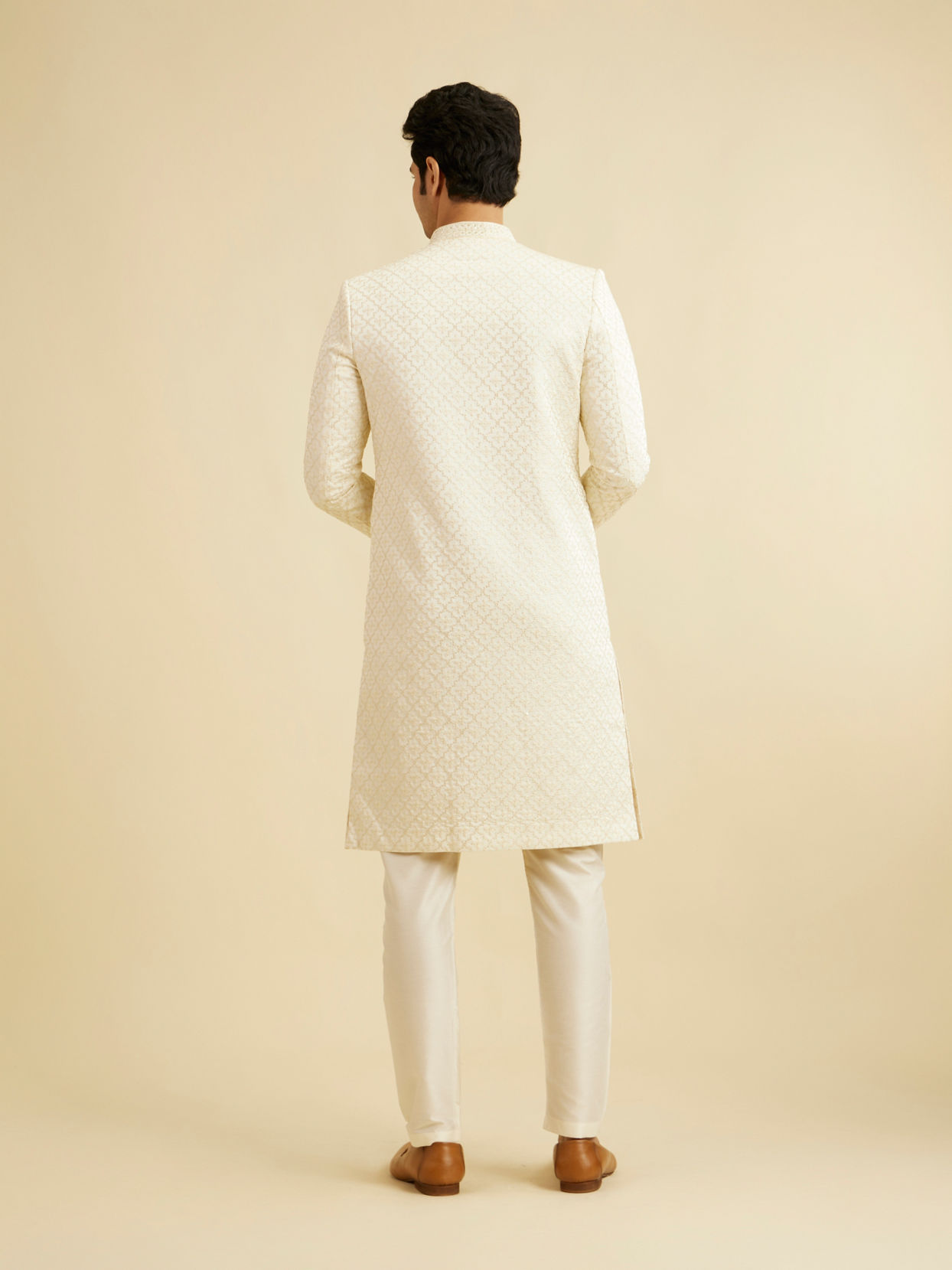 Manyavar Men Cream White Buta & Trellis Patterned Sherwani Set