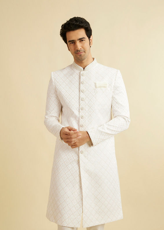 Manyavar Men Warm White Buta & Trellis Patterned Sherwani Set