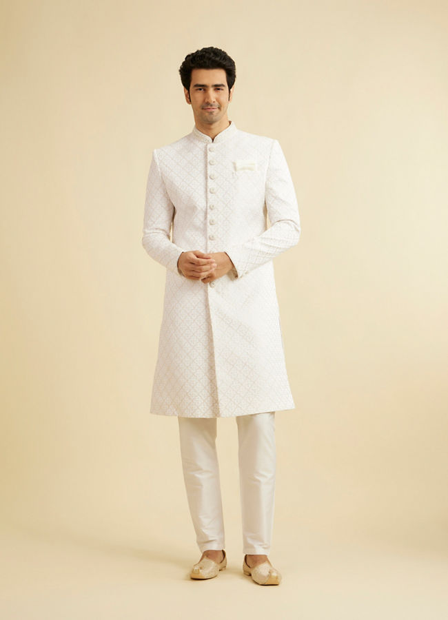 Manyavar Men Warm White Buta & Trellis Patterned Sherwani Set