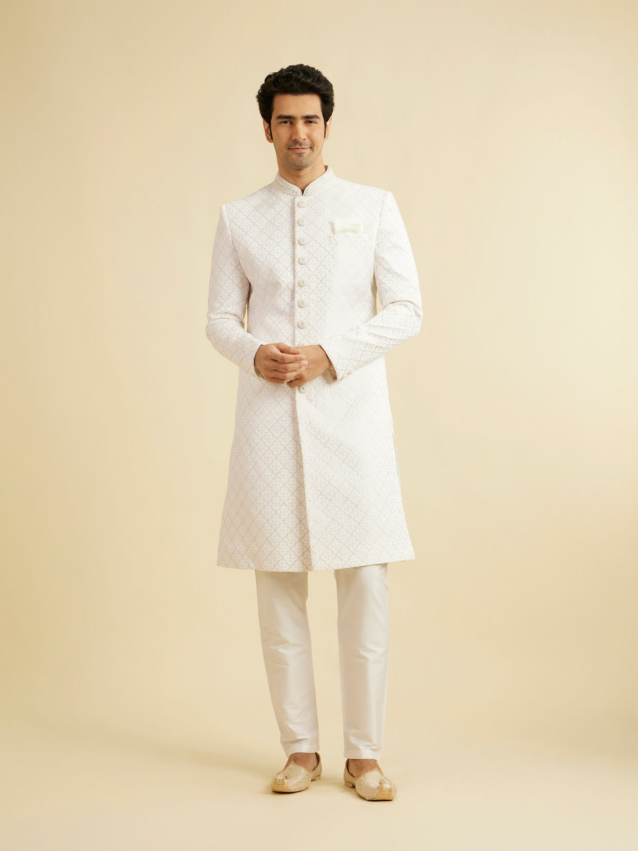 Manyavar Men Warm White Buta & Trellis Patterned Sherwani Set