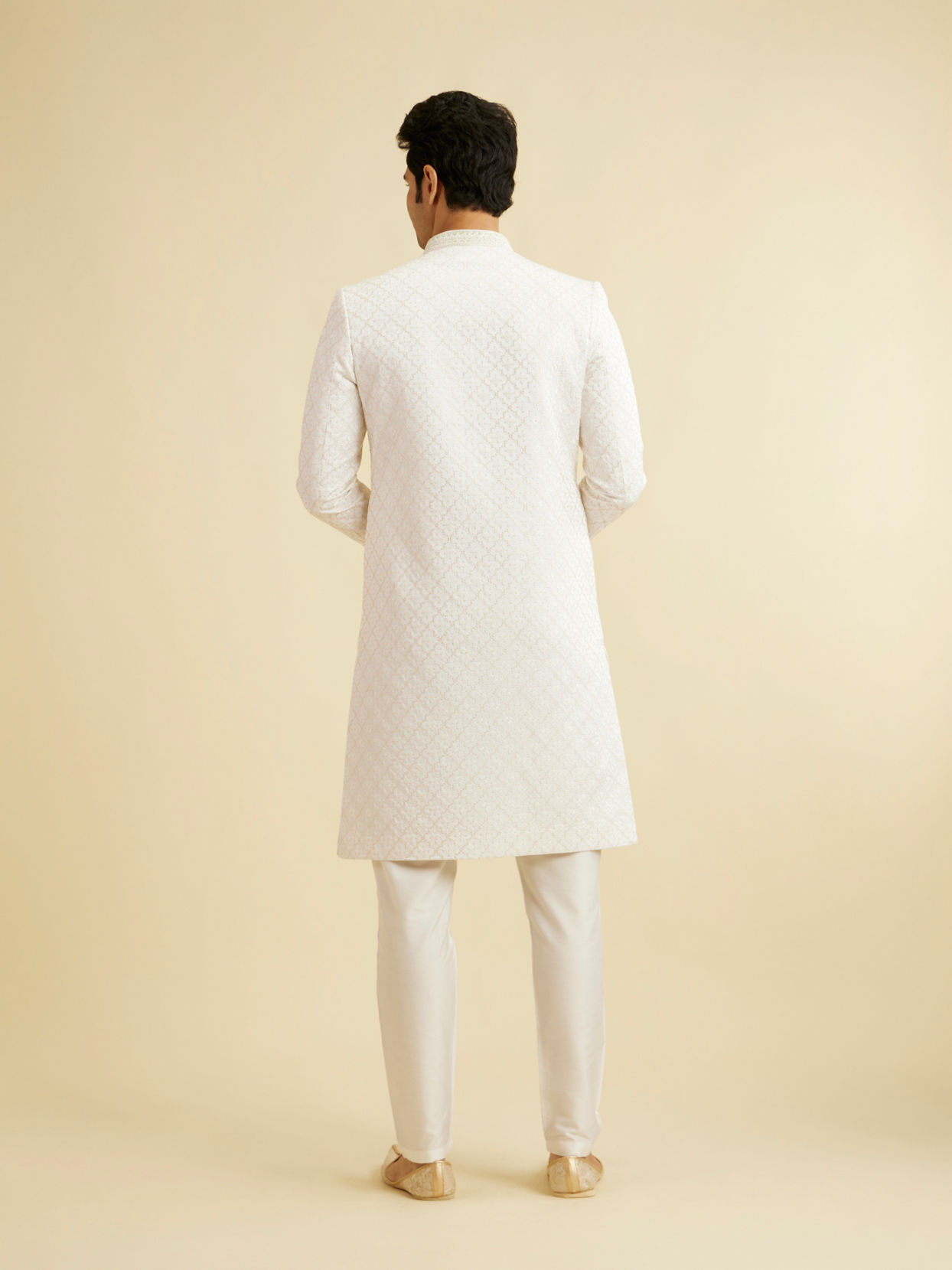 Manyavar Men Warm White Buta & Trellis Patterned Sherwani Set
