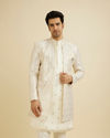 Cream White Sherwani Set with Dotted Linear Motifs & Sequin Work