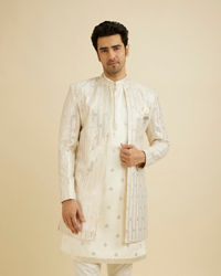 Manyavar Men Cream White Sherwani Set with Dotted Linear Motifs & Sequin Work