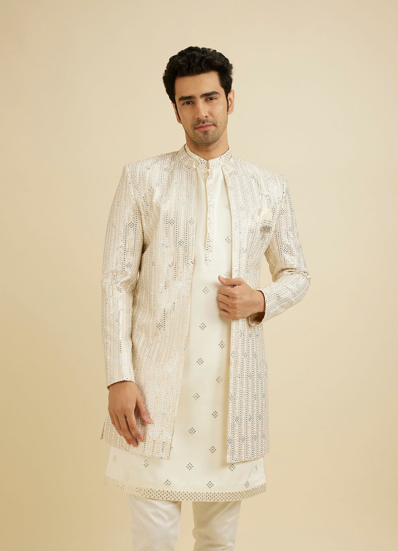 Manyavar Men Cream White Sherwani Set with Dotted Linear Motifs & Sequin Work