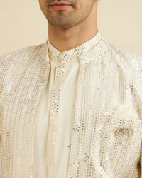 Manyavar Men Cream White Sherwani Set with Dotted Linear Motifs & Sequin Work