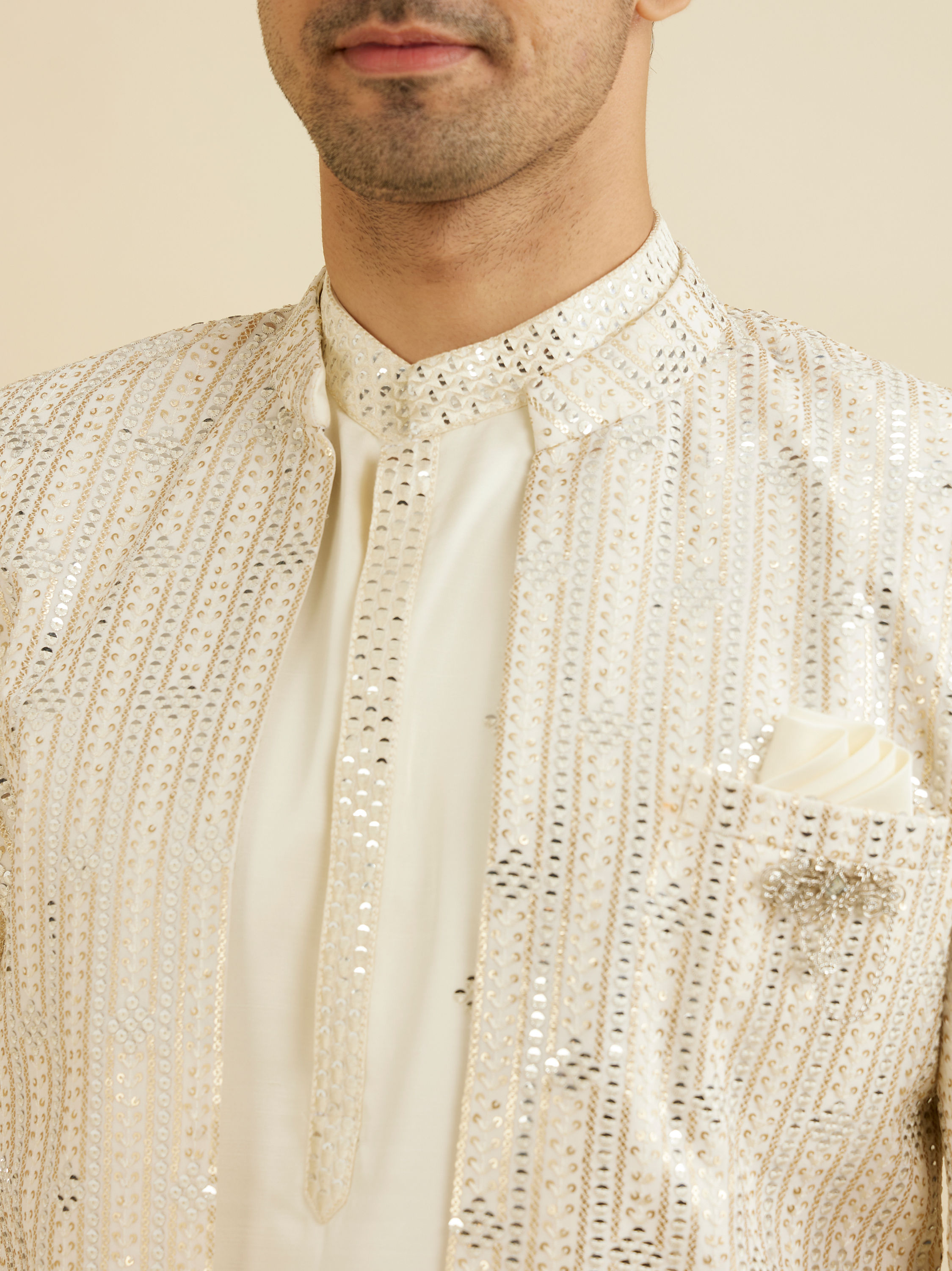 Manyavar Men Cream White Sherwani Set with Dotted Linear Motifs & Sequin Work