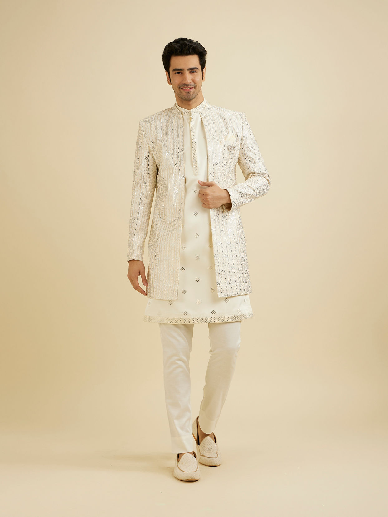 Manyavar Men Cream White Sherwani Set with Dotted Linear Motifs & Sequin Work