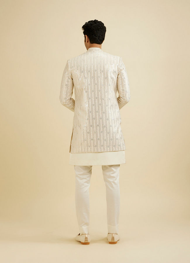 Manyavar Men Cream White Sherwani Set with Dotted Linear Motifs & Sequin Work