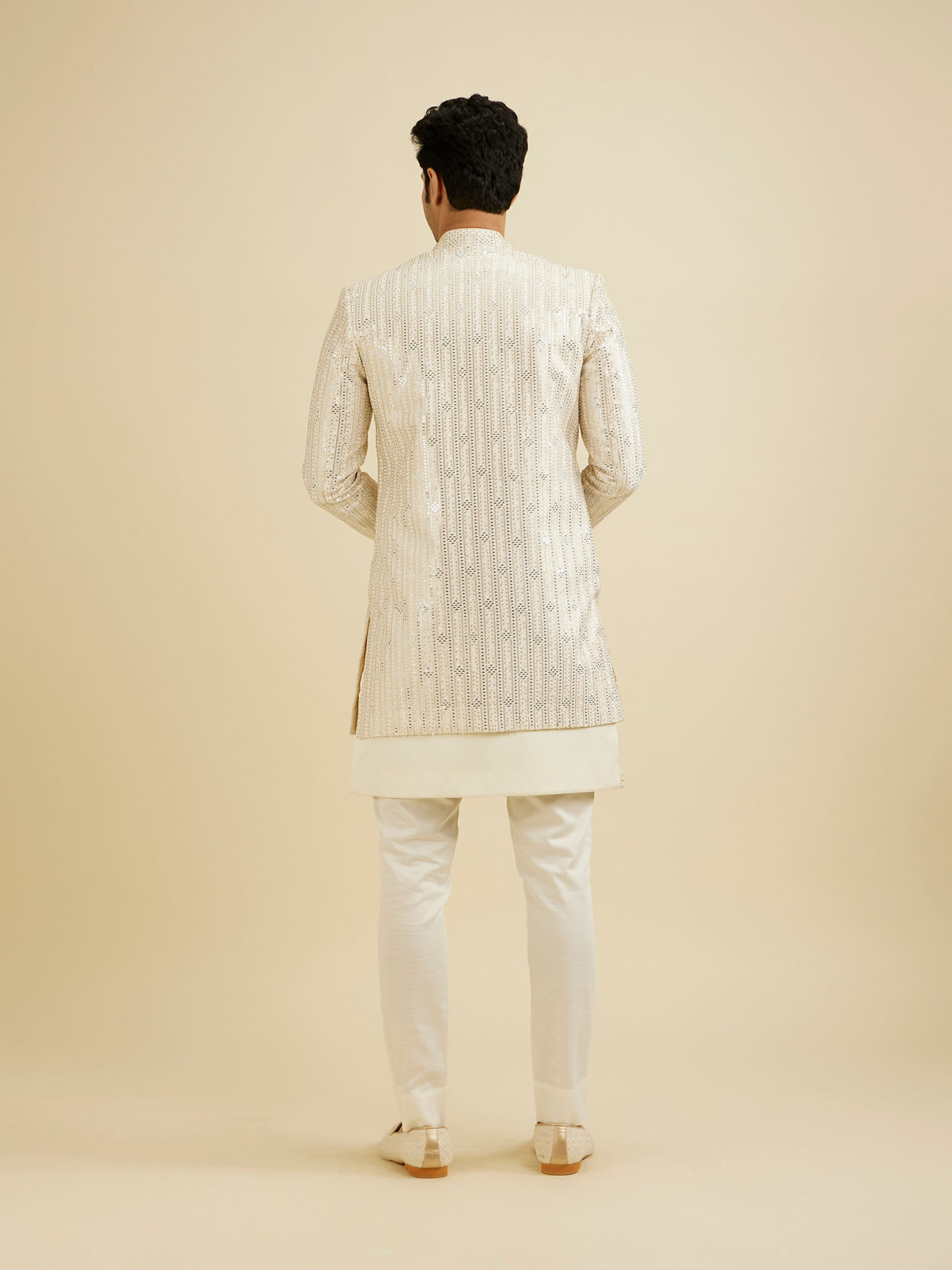 Manyavar Men Cream White Sherwani Set with Dotted Linear Motifs & Sequin Work