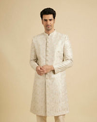 Manyavar Men Soft Beige Jaal Medallion Patterned Sherwani Set