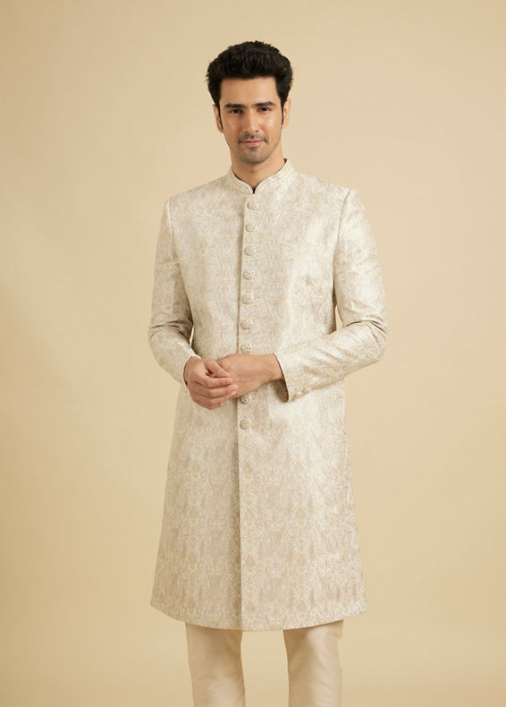 Manyavar Men Soft Beige Jaal Medallion Patterned Sherwani Set